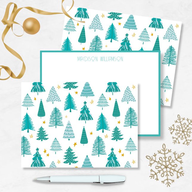 Personlig julgran för vinter skog anteckningskort (Green winter woodland Christmas tree forest holiday notecard. Personalize with your name.)