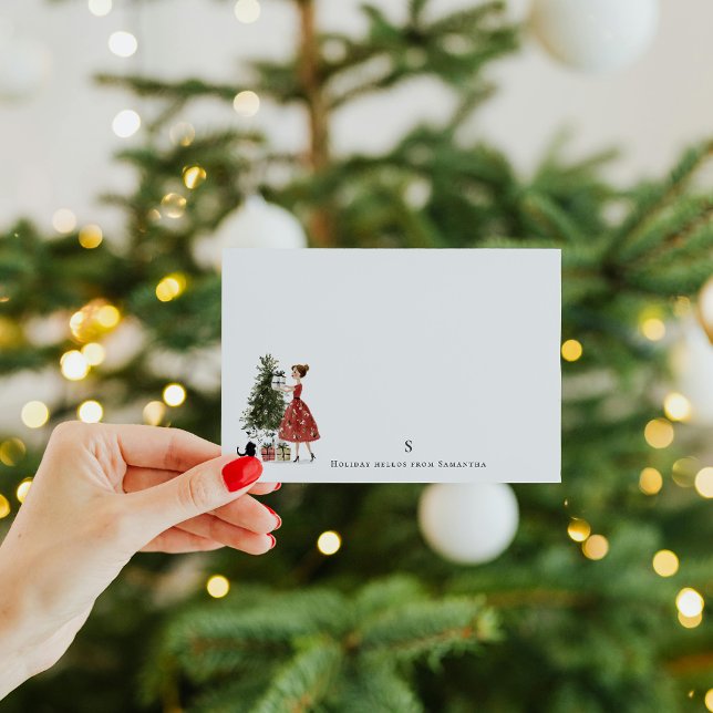 Personlig julgran med katt dam juldekoration anteckningskort (Skapare uppladdad)