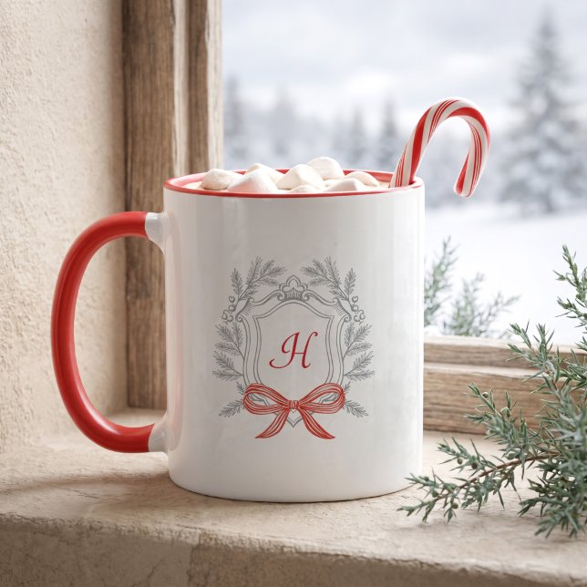 Personlig julgran topp monogram röd slinga mugg (Personalized Christmas Pine Crest Monogram Red Bow Mug)