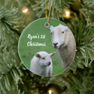 Personlig julgranskula med foto av tacka och lamm