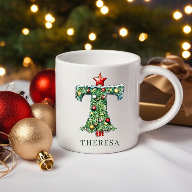 Personlig julgransmonogram T Kaffemugg (Personalized Festive Christmas Tree Monogram T Coffee Mug)