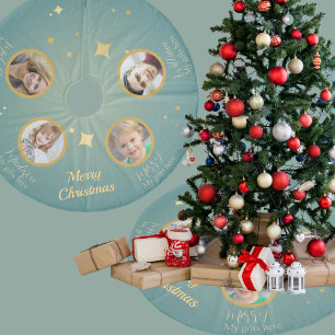 Personlig julgranstav med familjefoton i teal julgransmatta fleece