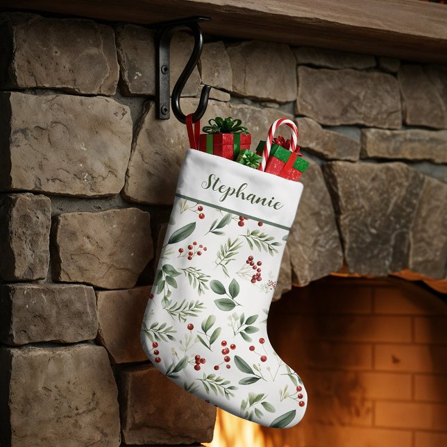Personlig julgrönska och röda bär stor julstrumpa (Personalized Christmas Greenery & Red Berries Large Christmas Stocking)