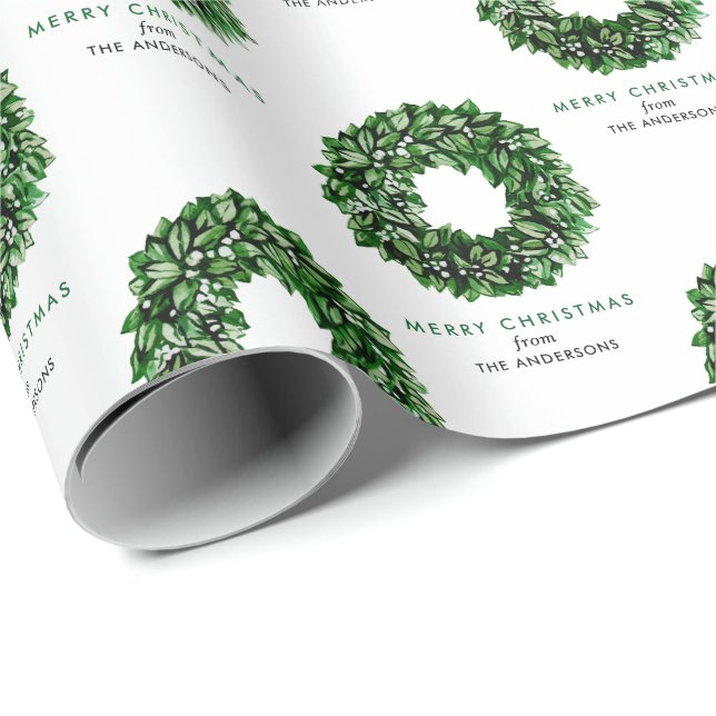 Personlig julhälsning med akvarellkrans presentpapper (Rullad Hörn)