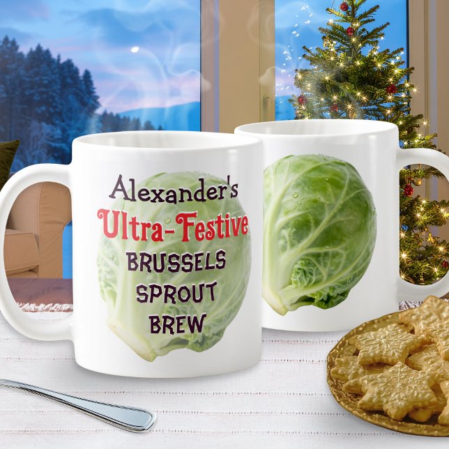 Personlig Julig Brysselkål Brygd Rolig Kaffemugg (A funny and festive personalized Christmas mug, with brussels sprout pictures and humorous caption)