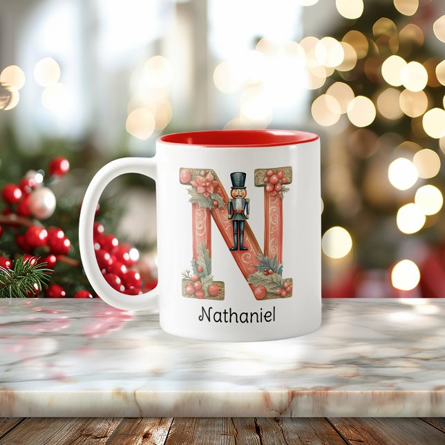 Personlig julknäckare Monogram N jul  Två-Tonad Mugg (Personalized Nutcracker Monogram N Christmas Two-Tone Coffee Mug)