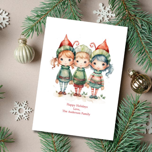 Personlig julkort med alver för julen (Three Whimsical Watercolor Elves Christmas Holiday Card. Printed or Digital Instant download)