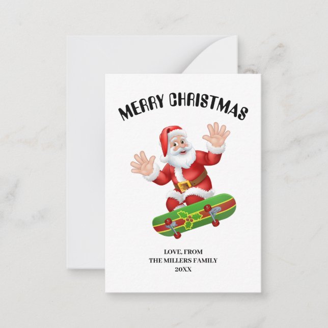 Personlig julkort med Tomte på Skateboard Anteckningskort (Framsida)