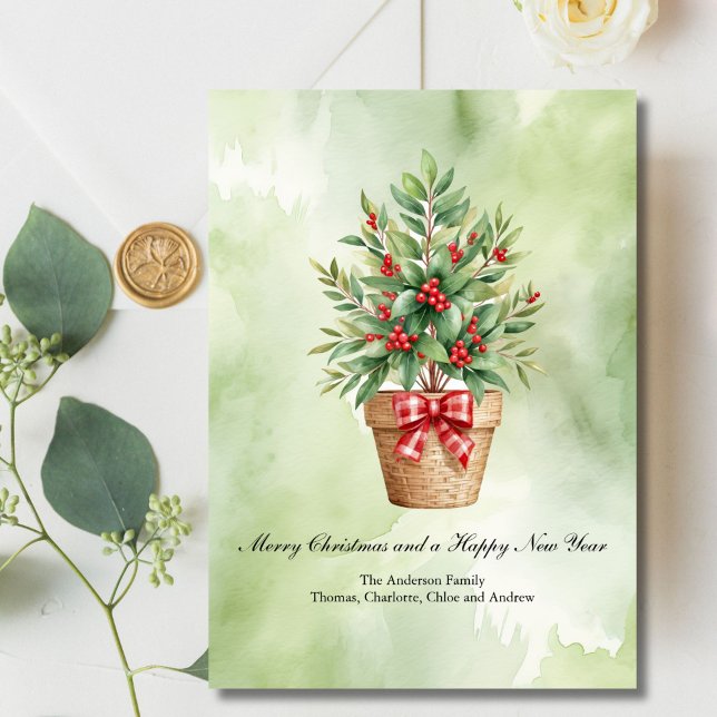 Personlig julkortsträd röda bär julkort (Christmas Holiday Personalized Card with Laurel and Red Berries in a Wicker Basket Digital Download)