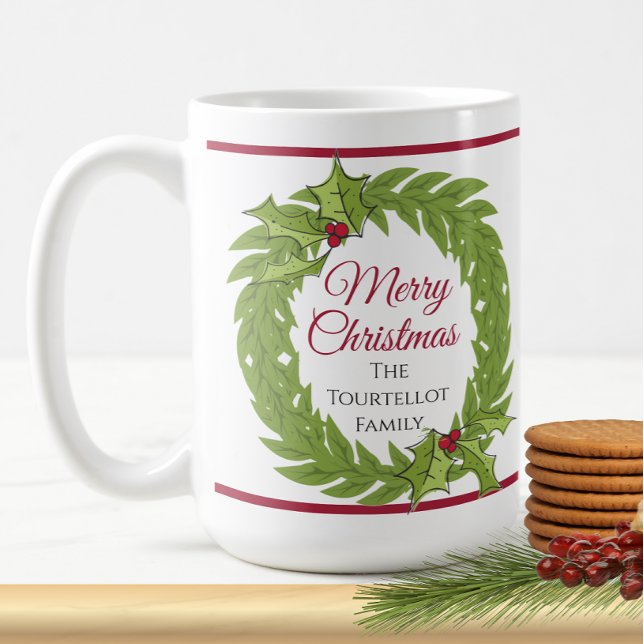 Personlig julkrans God Jul Kaffemugg (Personalized Christmas Wreath Merry Christmas Green Red Family Name Cocoa Tea Coffee Mug)