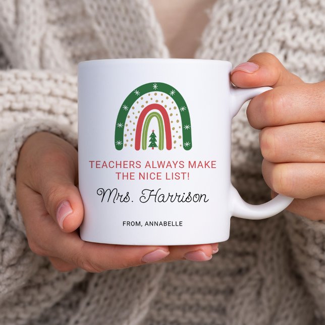 Personlig Jullärare Regnbåge Nice-lista Kaffemugg (Personalized Christmas Teachers Rainbow Nice List Coffee Mug)