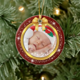 Personlig julminnessaker med babys första julfoto julgransprydnad keramik