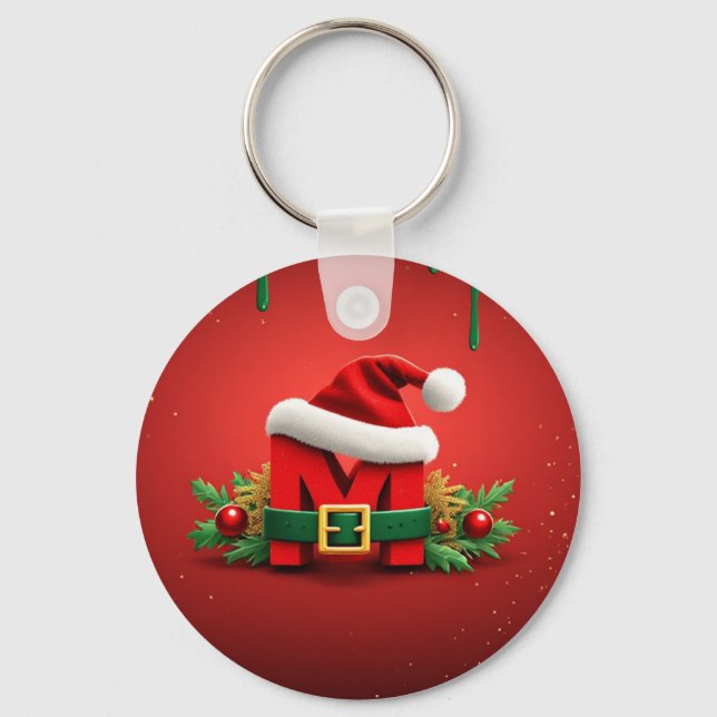Personlig julmonogram M med tomteluva Nyckelring (Framsida)
