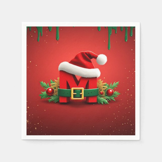 Personlig julmonogram M med tomteluva Pappersservett (Framsidan)