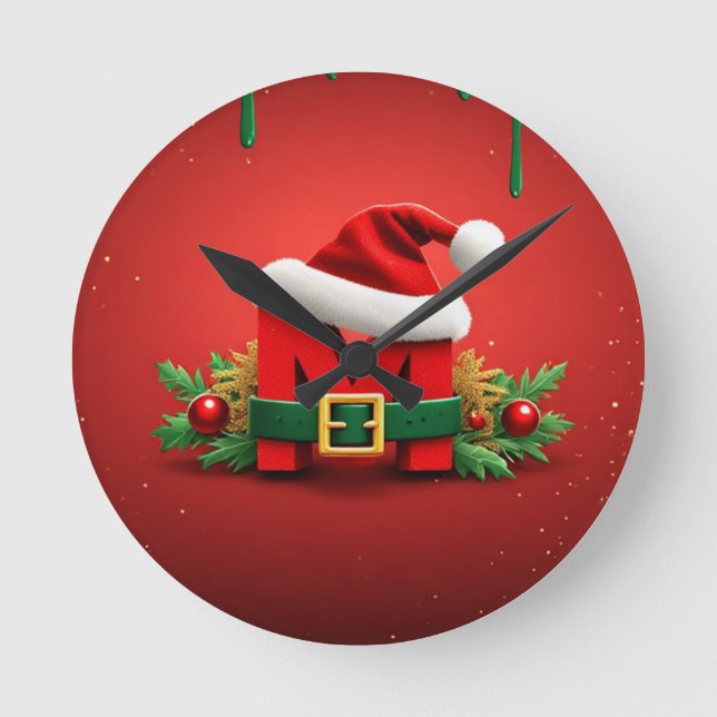 Personlig julmonogram M med tomteluva Rund Klocka (Framsida)