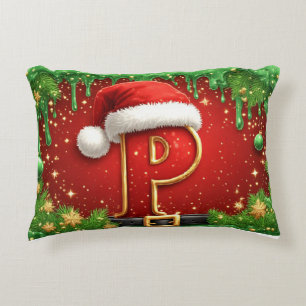 Personlig julmonogram P med Santa hatt Prydnadskudde