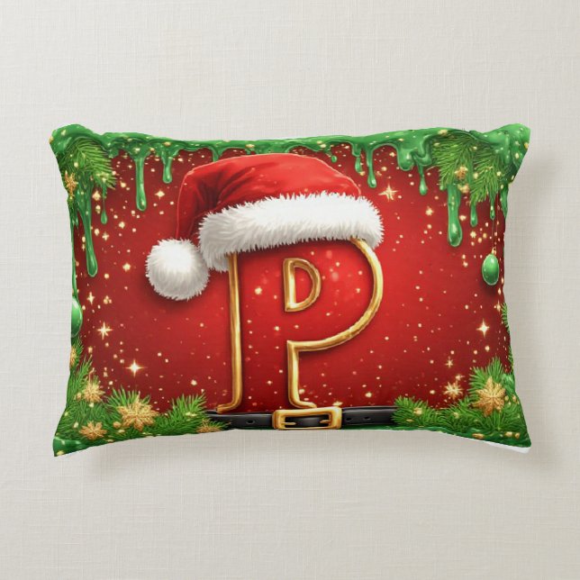 Personlig julmonogram P med Santa hatt Prydnadskudde (Framsidan)