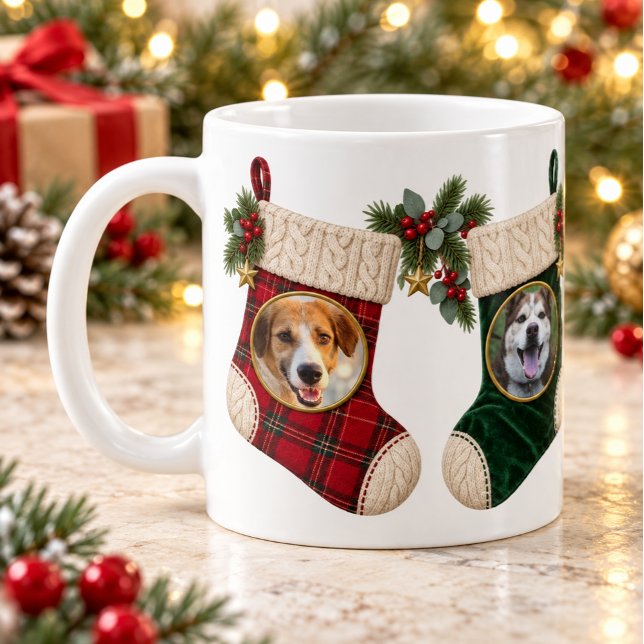 Personlig julmugg med två husdjursfoton kaffemugg (Personalized Two Pet Photo Christmas Stocking Mug)
