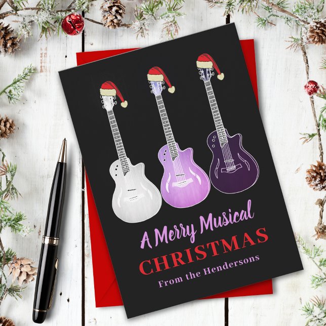 Personlig julmusik på gitarr julkort (Personalized merry christmas guitars wearing Santa hats holiday card santa hat pink electric guitars)