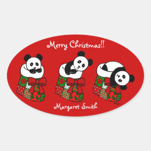 Personlig julpanda Stocking Ovalt Klistermärke