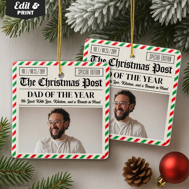 Personlig julpresent till pappa, rolig pappatidnin julgransprydnad keramik (Custom Christmas Dad Gift, Fun Dad Newspaper Ceramic Ornament)