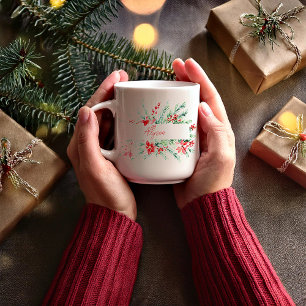Personlig julros och grönska jul kaffemugg
