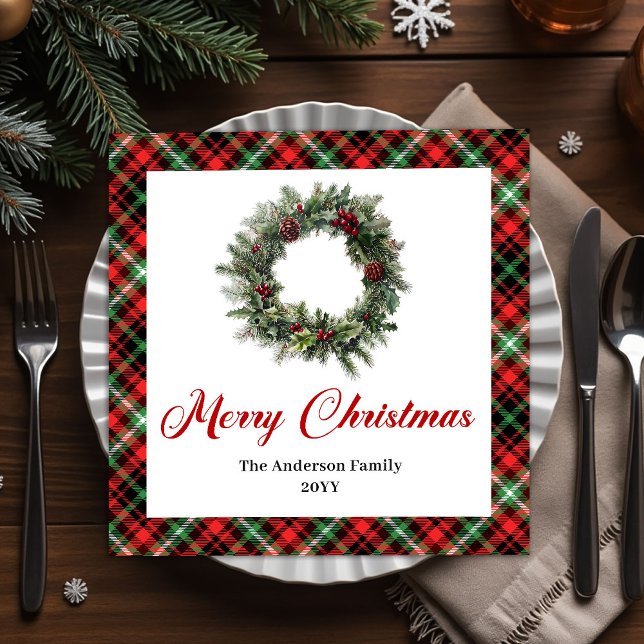 Personlig julservett med vintage tallkranz pappersservett (Vintage Pine Wreath Christmas Napkin Personalized)