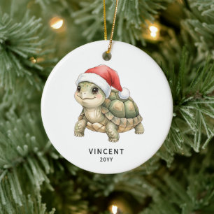 Personlig julsköldpadda med tomtehatt julgransprydnad keramik