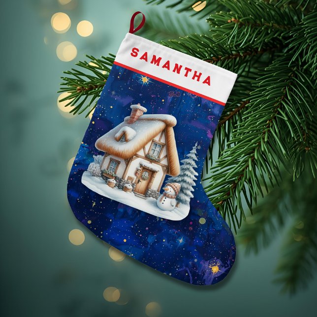 Personlig julstrumpa med snöman och stuga (Skapare uppladdad)