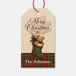 Personlig julstrumpa med vintage nallebjörn presentetikett
