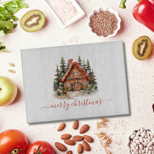 Personlig julstuga i pepparkakor julhelg (Gingerbread in winter scene House Merry Christmas Personalized Cutting board. Rectangle and Circle)