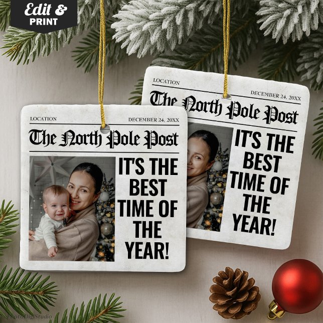 Personlig Jultidningsfoto Julgransprydnad Keramik (Personalized Christmas Newspaper Photo Ceramic Ornament)