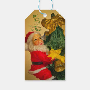 Personlig Jultomten klättrar Julafton Träd Golden Presentetikett