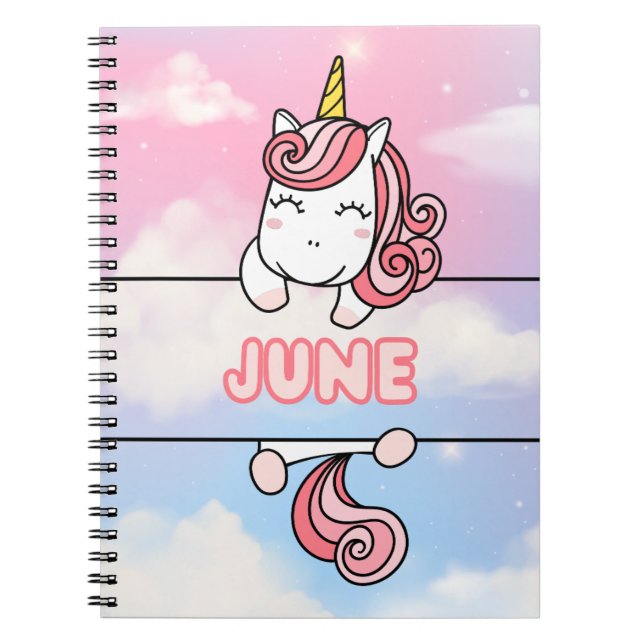 Personlig June Unicorn Flickaktigt Notebook Anteckningsbok (Framsidan)