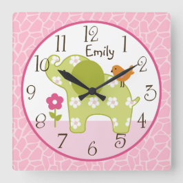 Personlig Jungle Girl Elephant Nursery Clock Fyrkantig Klocka