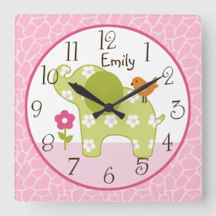 Personlig Jungle Girl Elephant Nursery Clock Fyrkantig Klocka