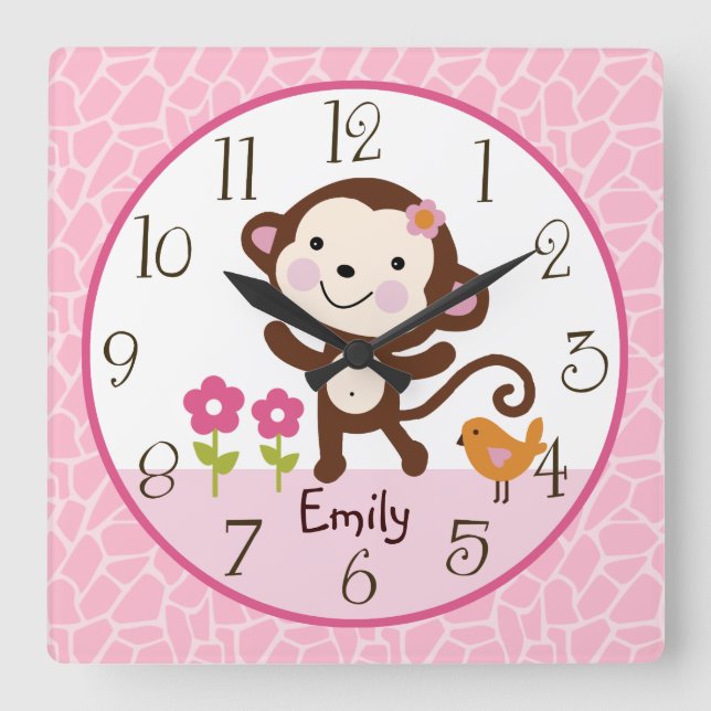 Personlig Jungle Girl Monkey Nursery Clock Fyrkantig Klocka (Framsida)