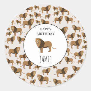 Personlig Jungle Lejon Animal Mönster Birthday Runt Klistermärke