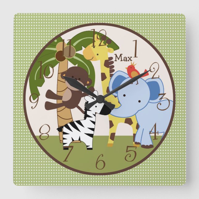 Personlig Jungle Pals Animals Nursery Clock Fyrkantig Klocka (Framsida)
