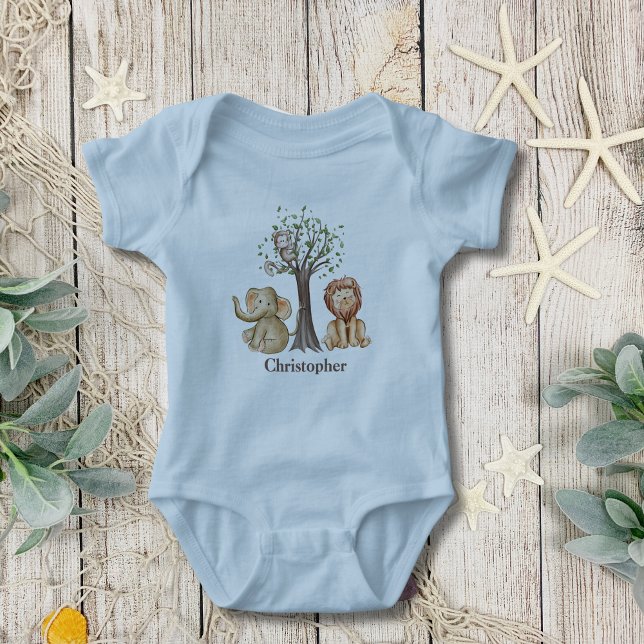 Personlig Jungle Safari Animals Lejona apa T Shirt (Personalized Jungle Safari Animals Elephant Monkey Baby Boy Body suit)
