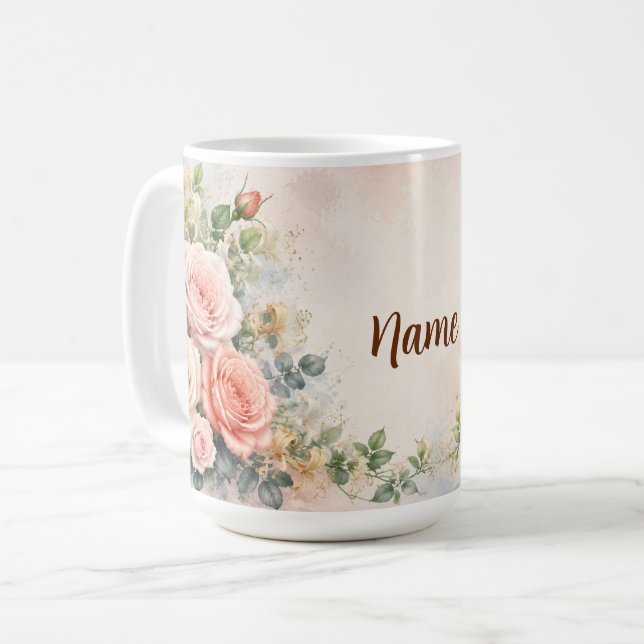 Personlig juni födelseblomma Ros och Kaprifol Kaffemugg (Framsida vänster)