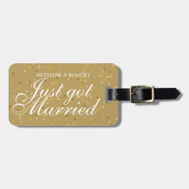 Personlig Just Har Married Guld Dust Confetti Bagagebricka (Horisontell Framsida)