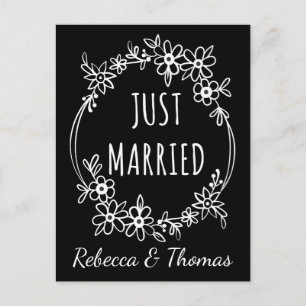 Personlig "Just Married" Svart Bröllopsblomma Meddelande Vykort