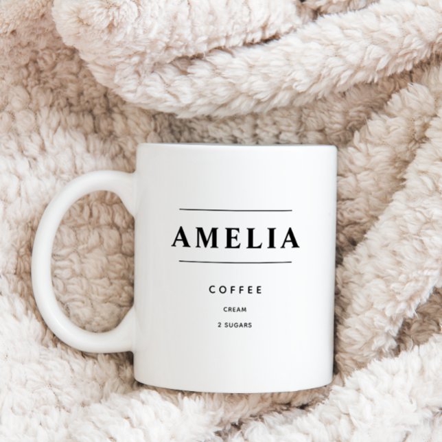 Personlig kaffebeställning, Anpassad dryck Kaffemugg (Personalized Name and Drink order coffee mug with black text shown on blanket background. )