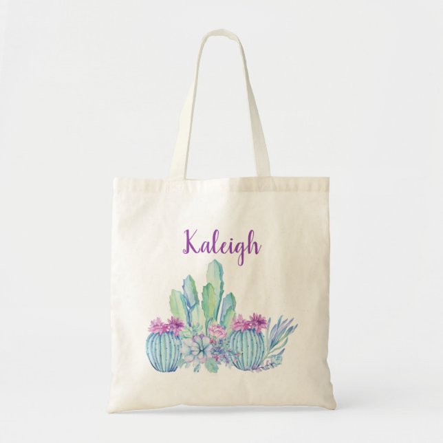 Personlig kaktus-succulent-handväska tygkasse (Framsidan)