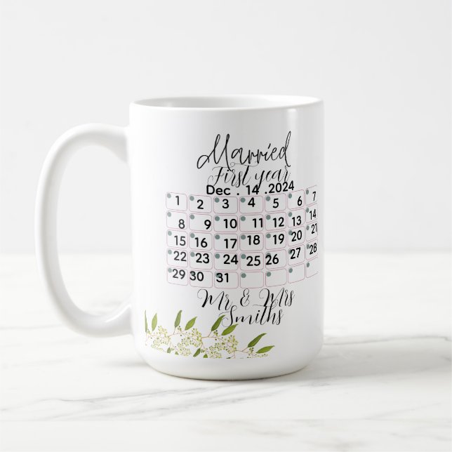 Personlig kalender för gifta par, 1-årsjubileum kaffemugg (Vänster)