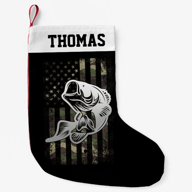 Personlig Kamouflage USA flagga Bass Fishing Liten Julstrumpa (Framsidan)