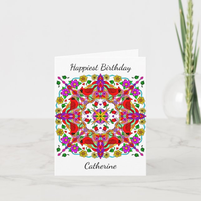 Personlig Kardinal och Flowers Mandala Birthday Kort (Framsida)