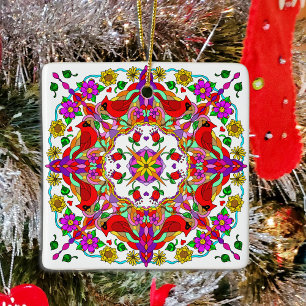 Personlig Kardinal och Flowers Mandala Julgransprydnad Keramik