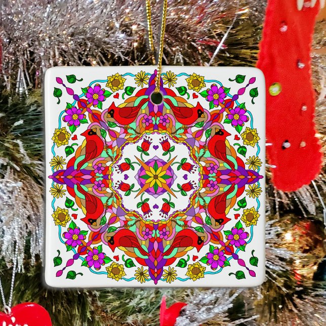 Personlig Kardinal och Flowers Mandala Julgransprydnad Keramik (Skapare uppladdad)